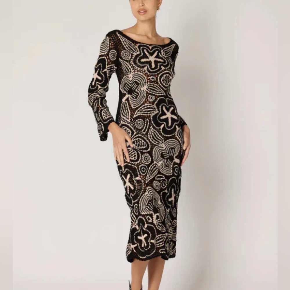 NWT Cleobella Black and Cream Keilani Midi Long Sleeve Dress XS